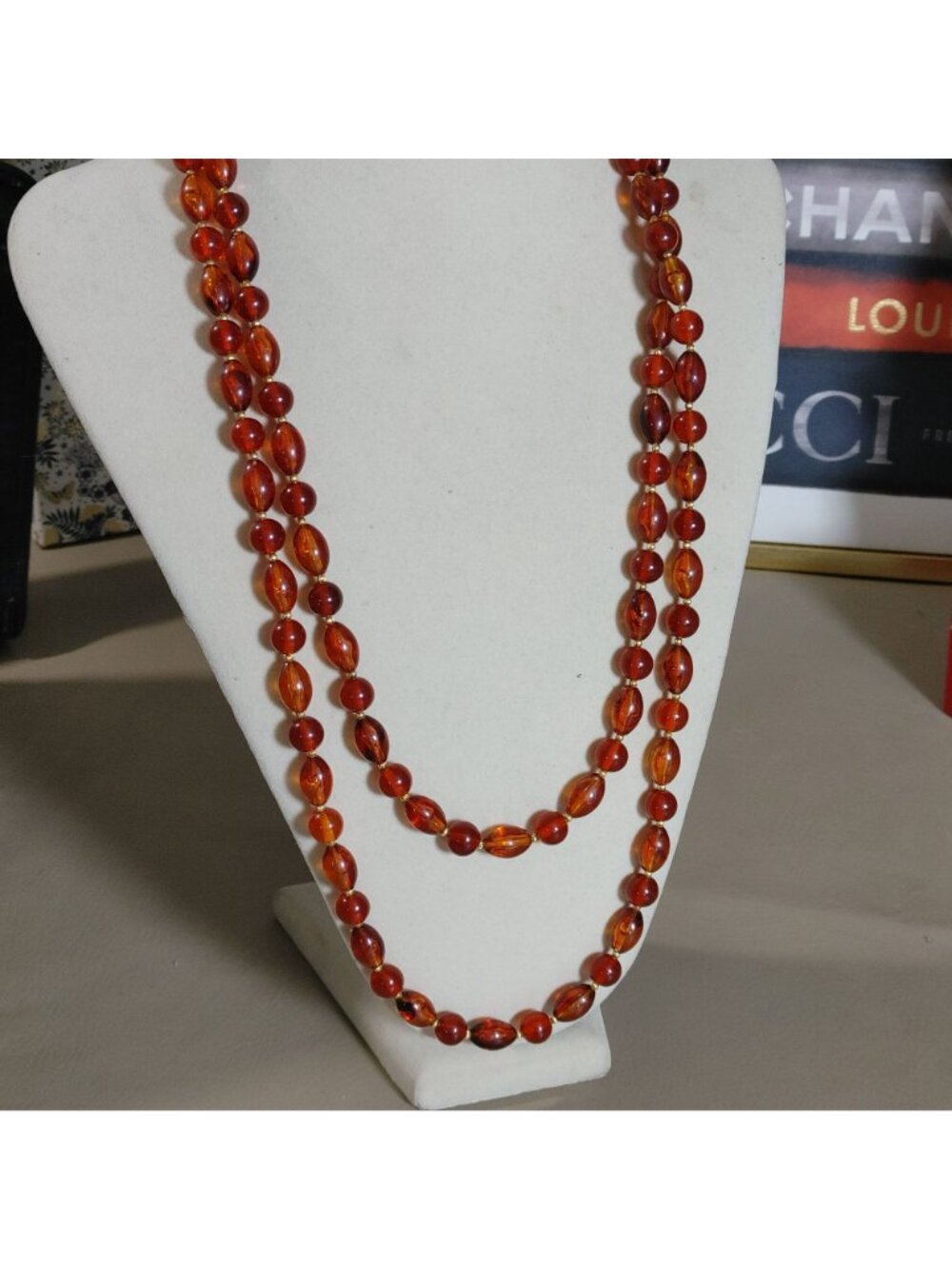 Hobe Necklace Vintage Brown Red Ambar Lucite Bead Gold Tone Accents 54 Inches - Picture 4 of 16